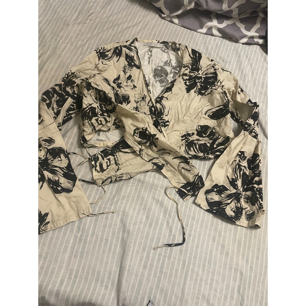 Bryn Walker Floral Linen Blend Wrap Top Black White Italian Fabric USA Made